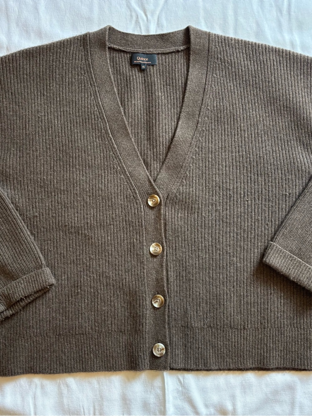 Quince Brown Ribbed V-Neck Button-Front Cardigan